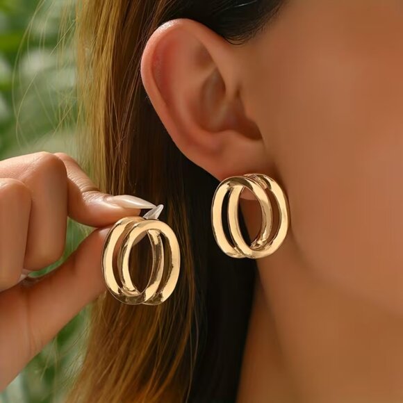 14K Gold Womens Double Row Hoop Earrings Ladies Curved 14 K Silver Hoops Jewelry